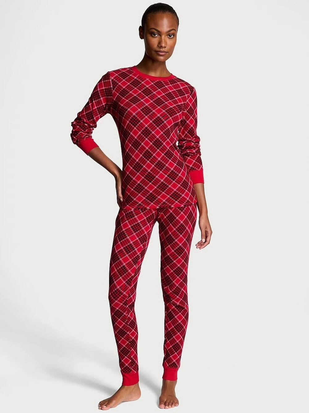 Victoria's Secret Thermal Long Pajama Set - Lipstick Lovely Plaid - Size LARGE L